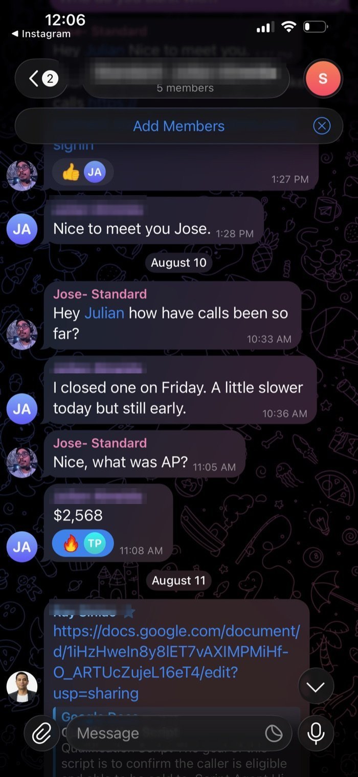 Message showing a customer-reported sale of $2,568 in annual premium