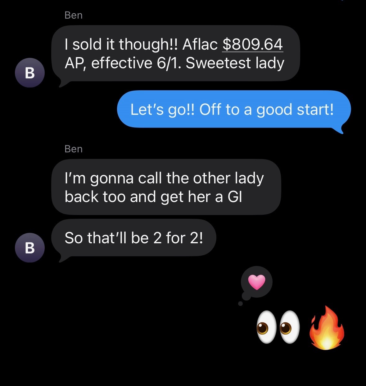 Customer-reported Standard Final Expense sale, $809 AP
