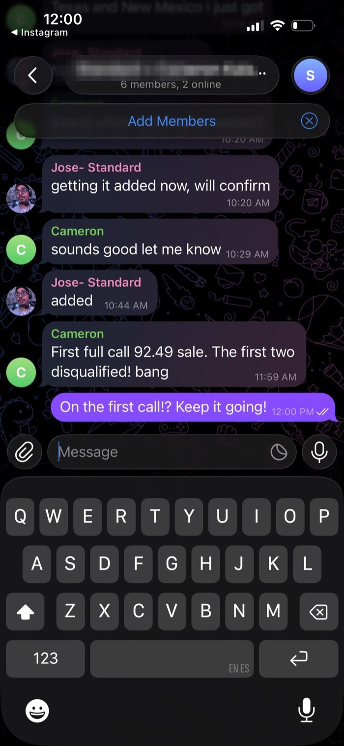 Message showing a customer report of a sale on the first call
